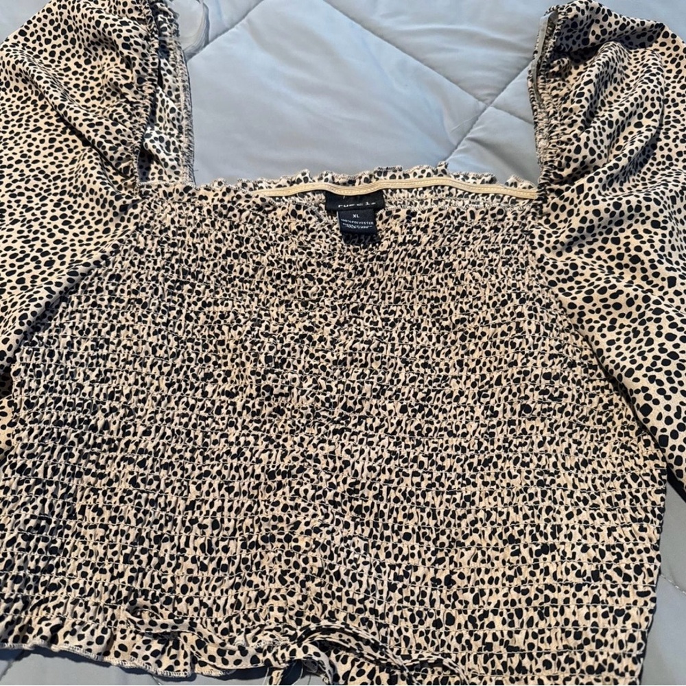 Rue21 Beige and Black Smocked Leopard Crop Top